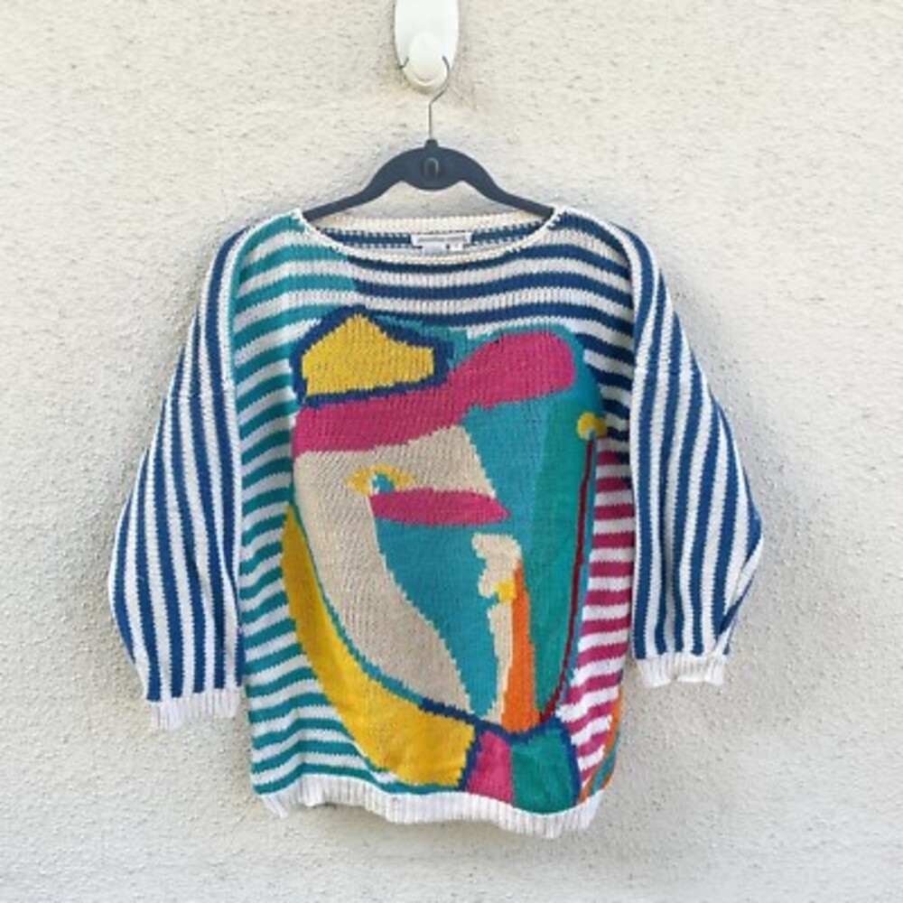 Vintage Jennifer Reed Sweater Chunky Knit Striped Beach Colorful Oversized Art